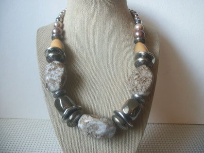 Retro Chunky Earthy Neutral Tones, Silver Tone Vintage Necklace 022221