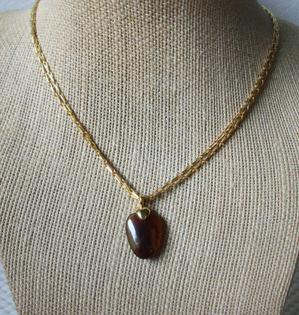 Vintage 16" Signed LC Double Row Gold Tone Chain Brown Acrylic Pendant Necklace 030621