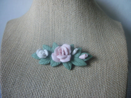 Vintage Brooch Pin, Porcelain Flowers Pink White Roses Painted 121516
