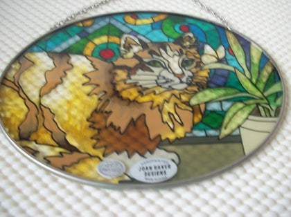 Vintage Joan Baker Designs Resting Cat Oval Stained Glass Sun Catcher Hand Painted C200 Gift for Wife