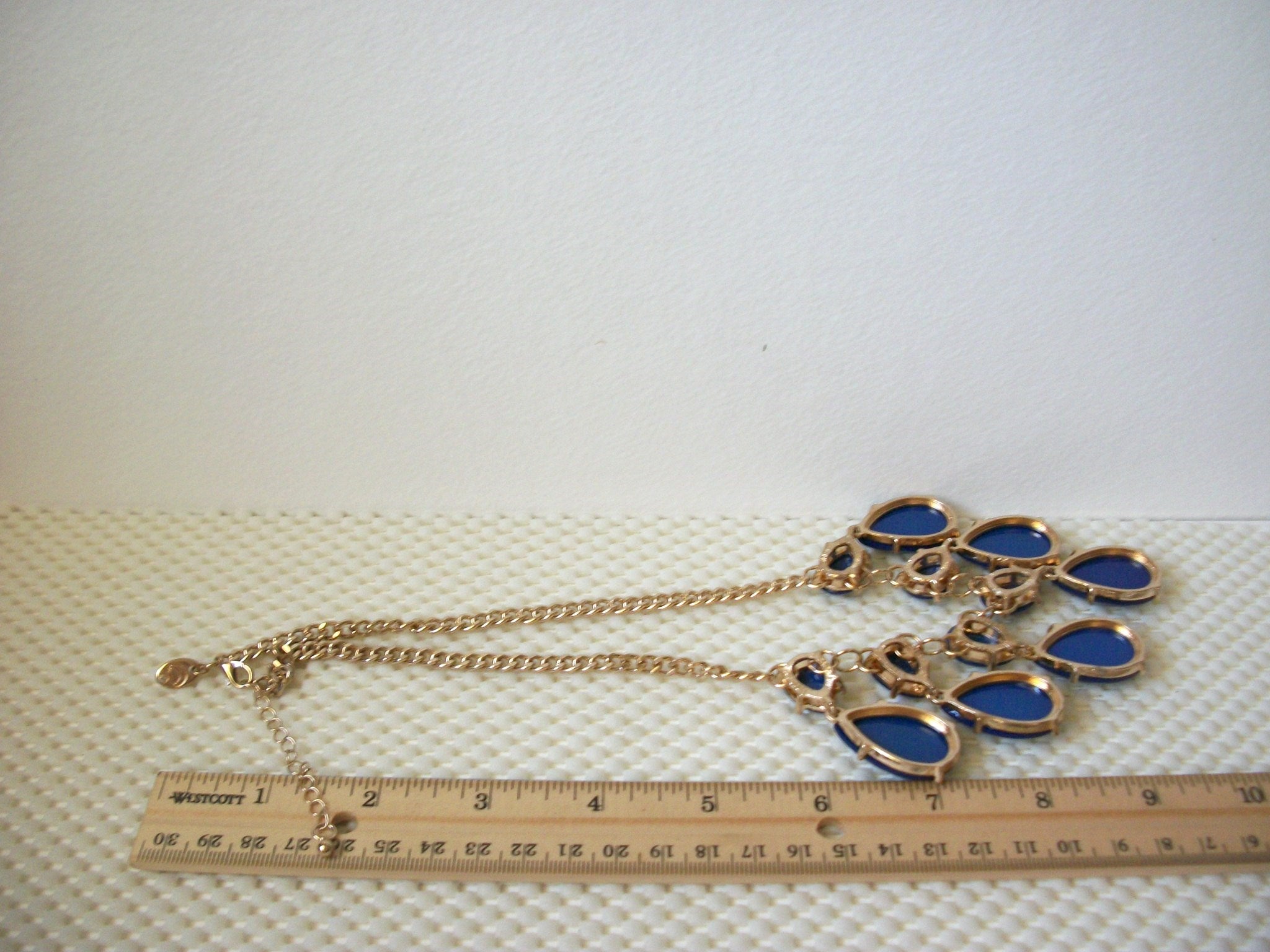 Signed C Vintage 20" - 22" Necklace Gold Toned Blue Teardrop Statement 51016