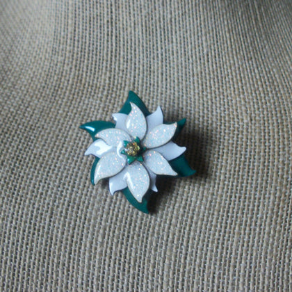 RARE Lucinda House Pins, Christmas Glittery White Poinsettia  Flower 61318