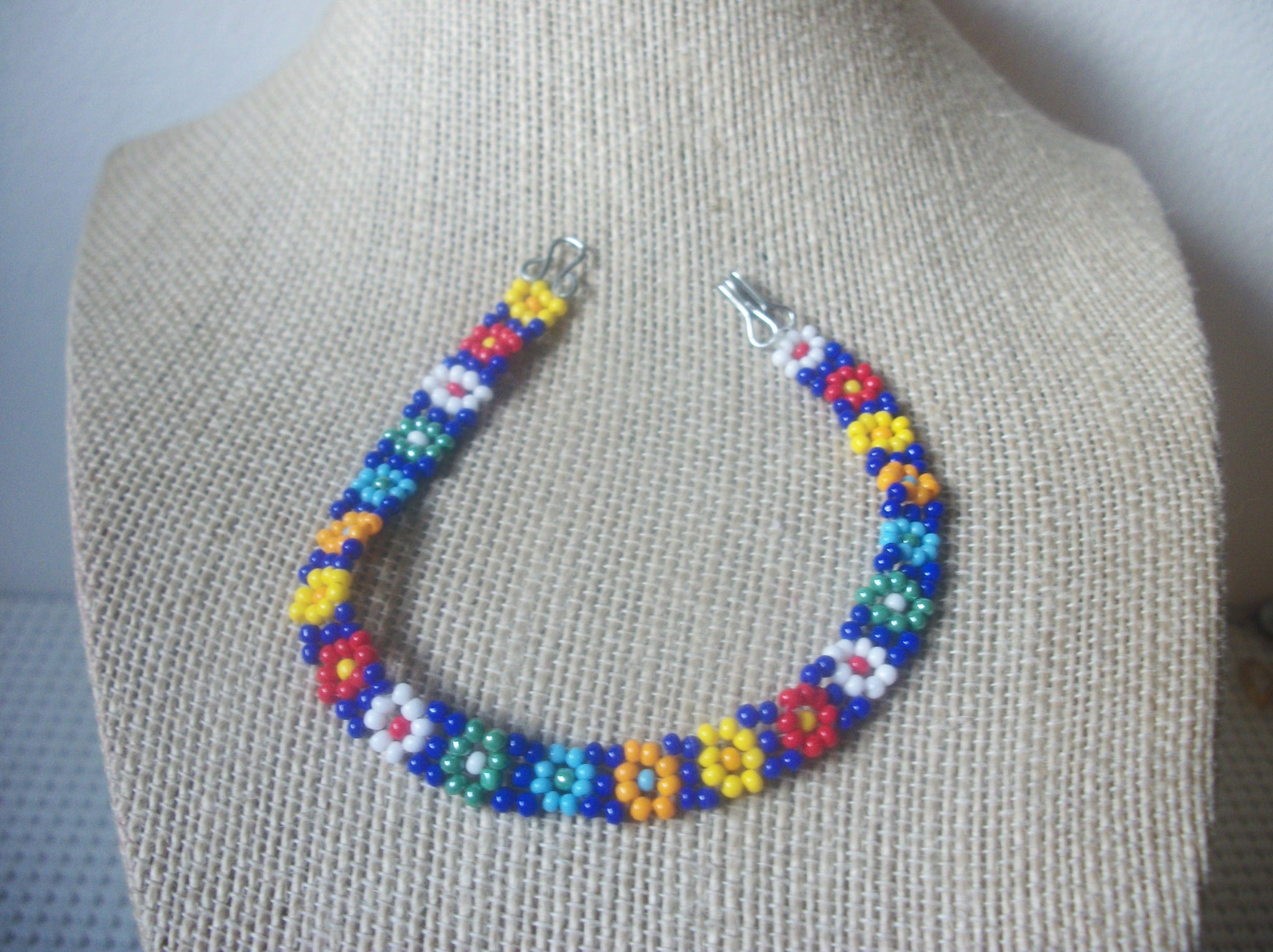 Vintage Bracelet, 7 1/2" Long, Native American, Hand Made, Hand Crafted, Colorful Glass, Seed Beads, 70217