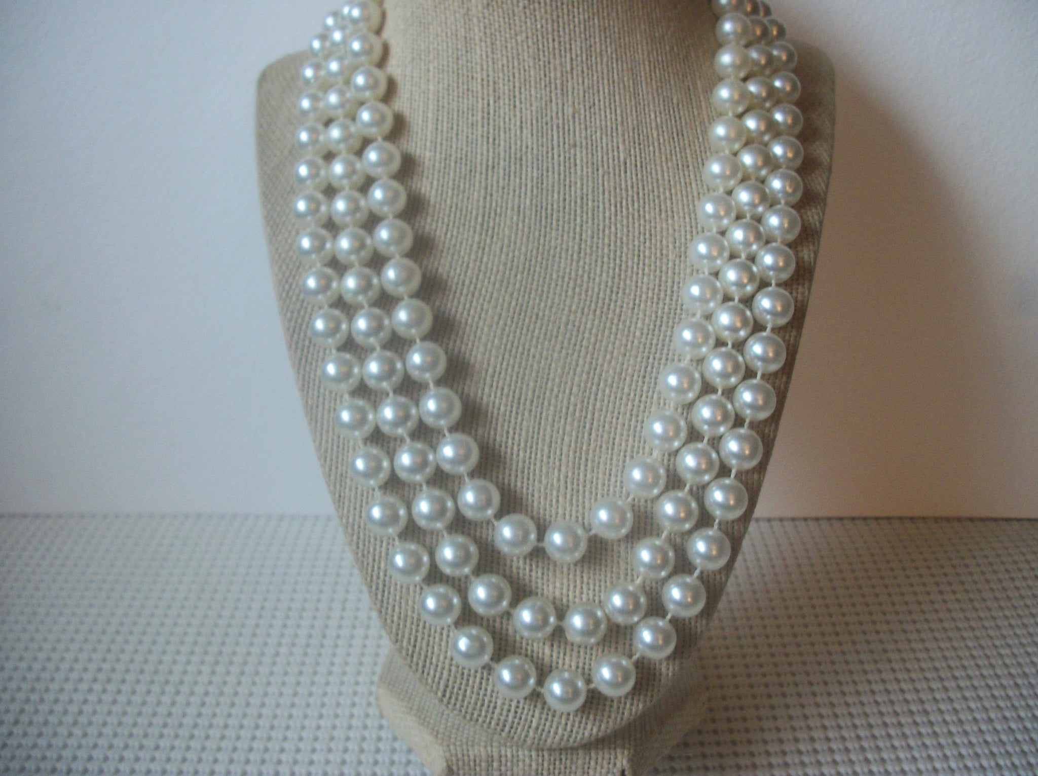 Vintage White Faux Pearls Triple Row Necklace 022721