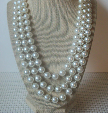 Vintage White Faux Pearls Triple Row Necklace 022721