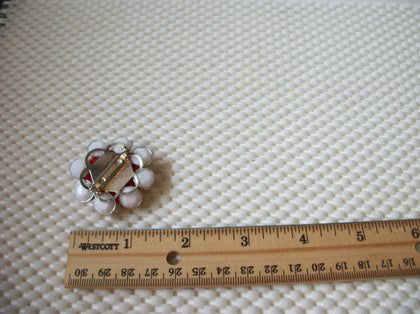 Vintage Brooch Pin Flower Patriotic Colors White Blue Red Old Plastic, Silver Tone 031221
