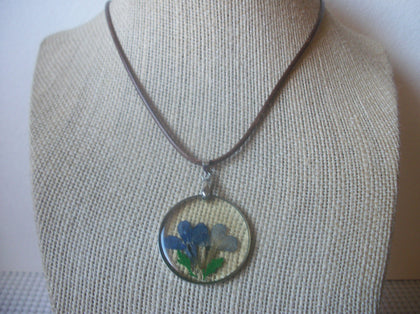 Pressed Flowers Pendant, Brown Cord 19" - 20" Long, Vintage Necklace 022121