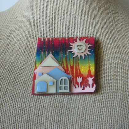Vintage Lucinda House Pins, Rainbow Sky Tulips Bright Happy Sun 61318