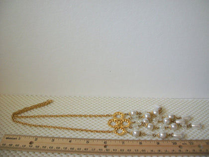 Vintage 26" Necklace Gold Toned Clear Glass Faux Pearls Tassel Design 51016