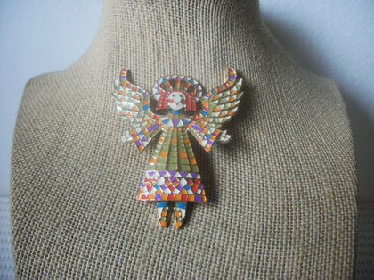 Larger Vintage Brooch Pin, Victorian Inspired Angel Wings Festive Holiday Season Enameled, Gold Tone 10617