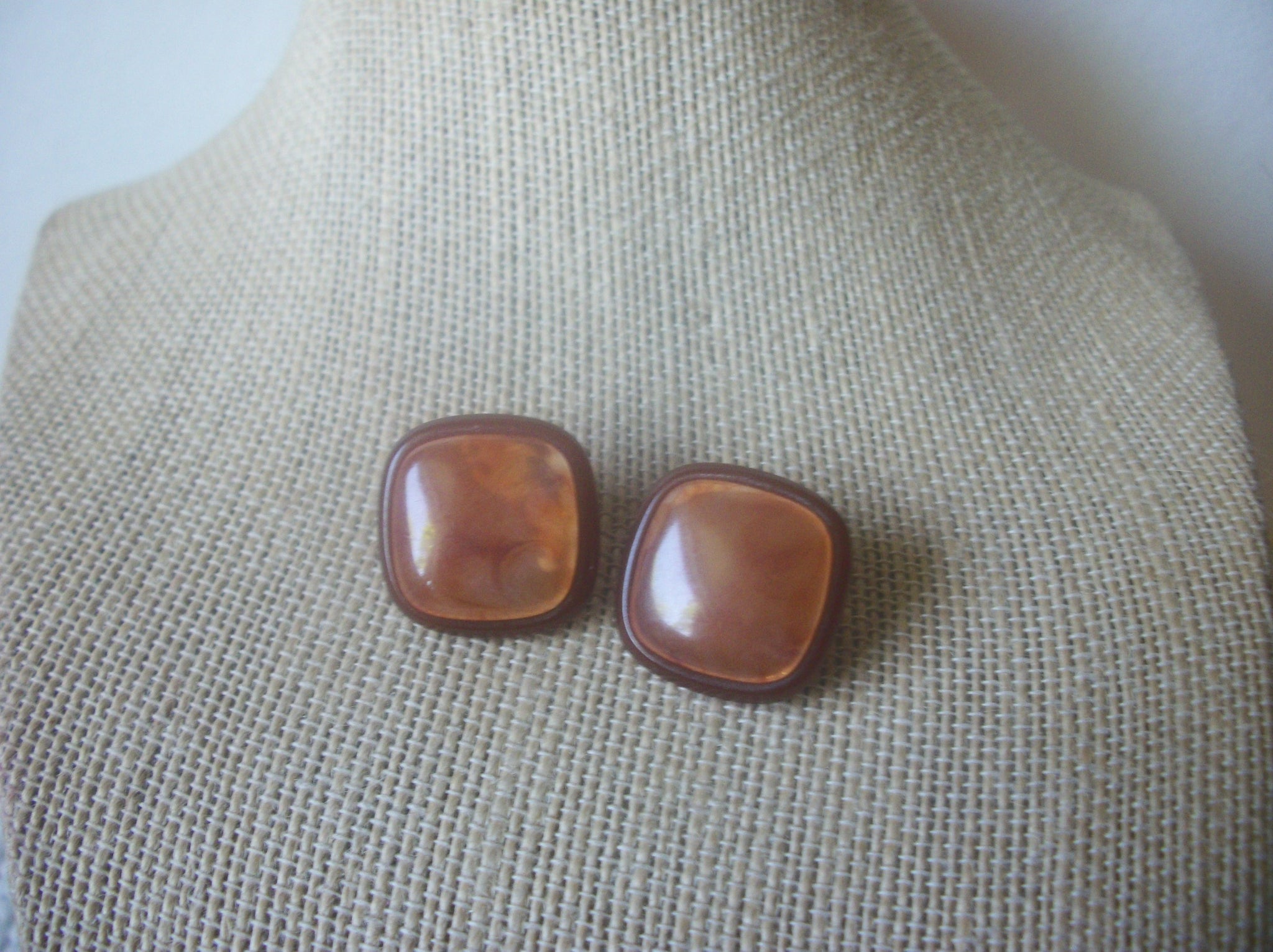 Retro Post Earrings Brown Marbleized Lucite 3/4" Long 8716