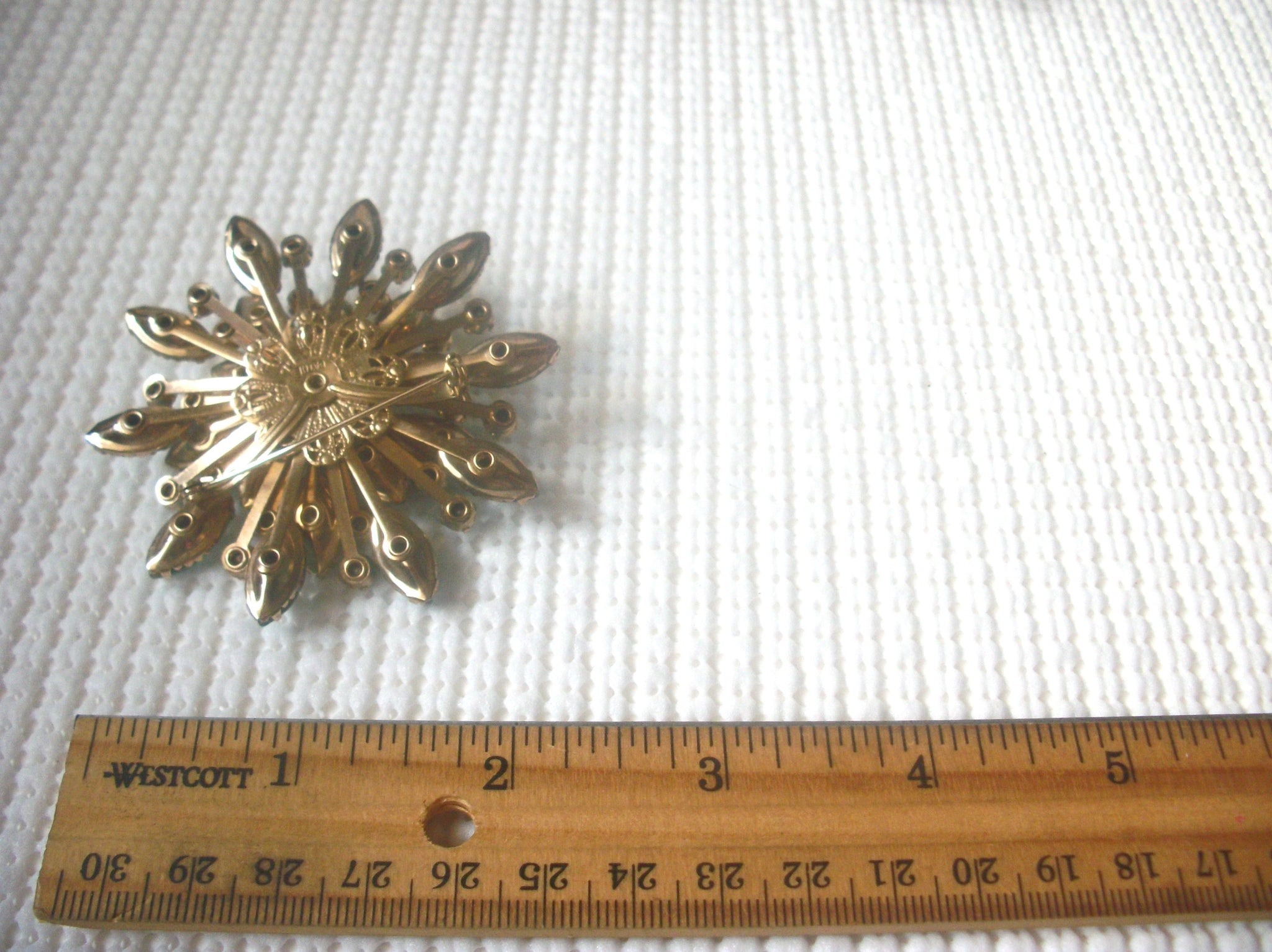 Larger Vintage Brooch Pin Signed CATHE Blue Iridescent Pearly White AB Crystals Gold Tone Prong Set 121516