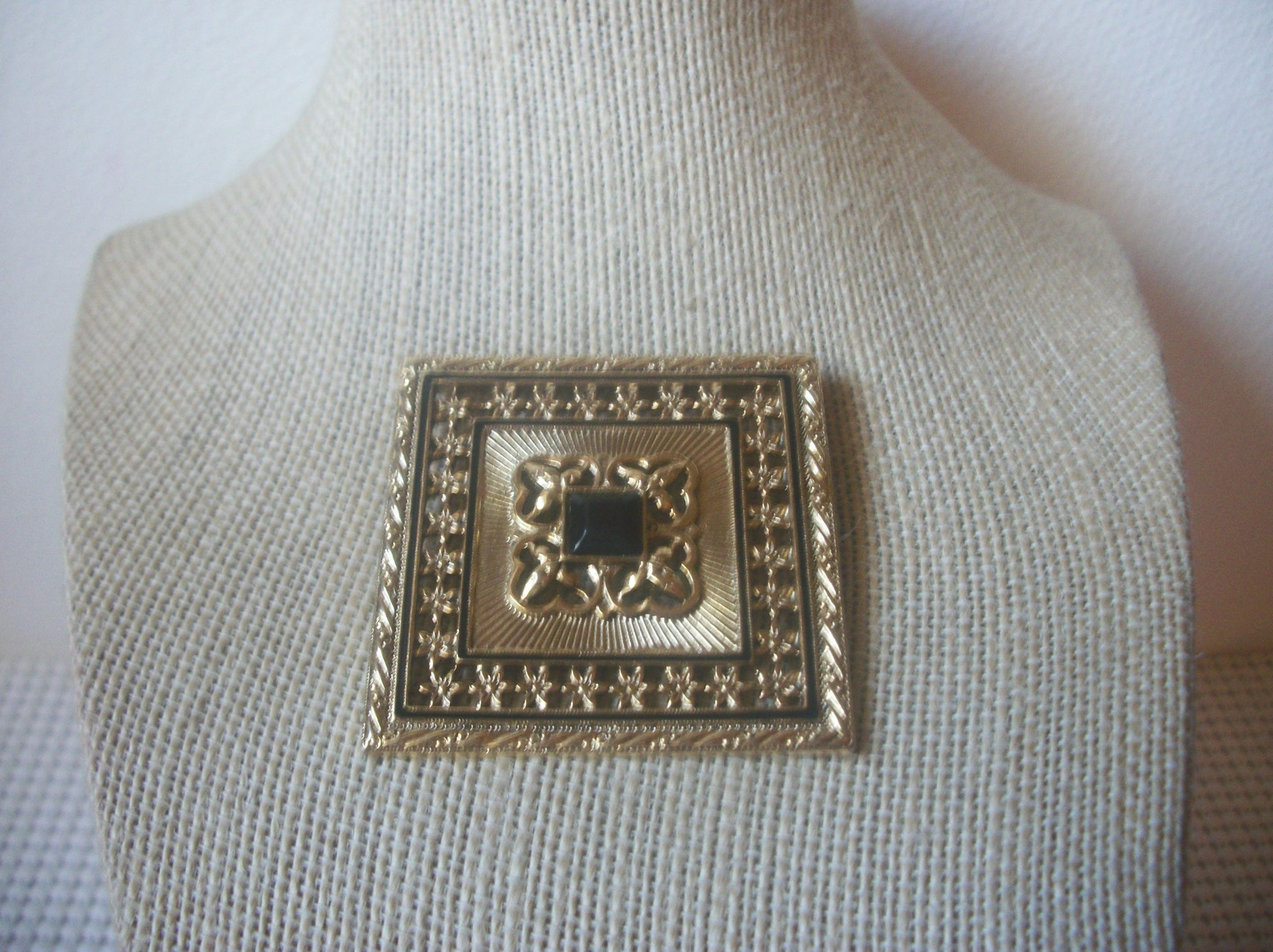 Larger, Spanish Damasque, Gold Tone, Square Black Faux Stone, Vintage Brooch Pin 60218
