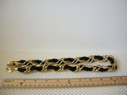 Signed LR Thicker Vintage 24" Necklace Gold Toned Links Black Rope Fabric 51016