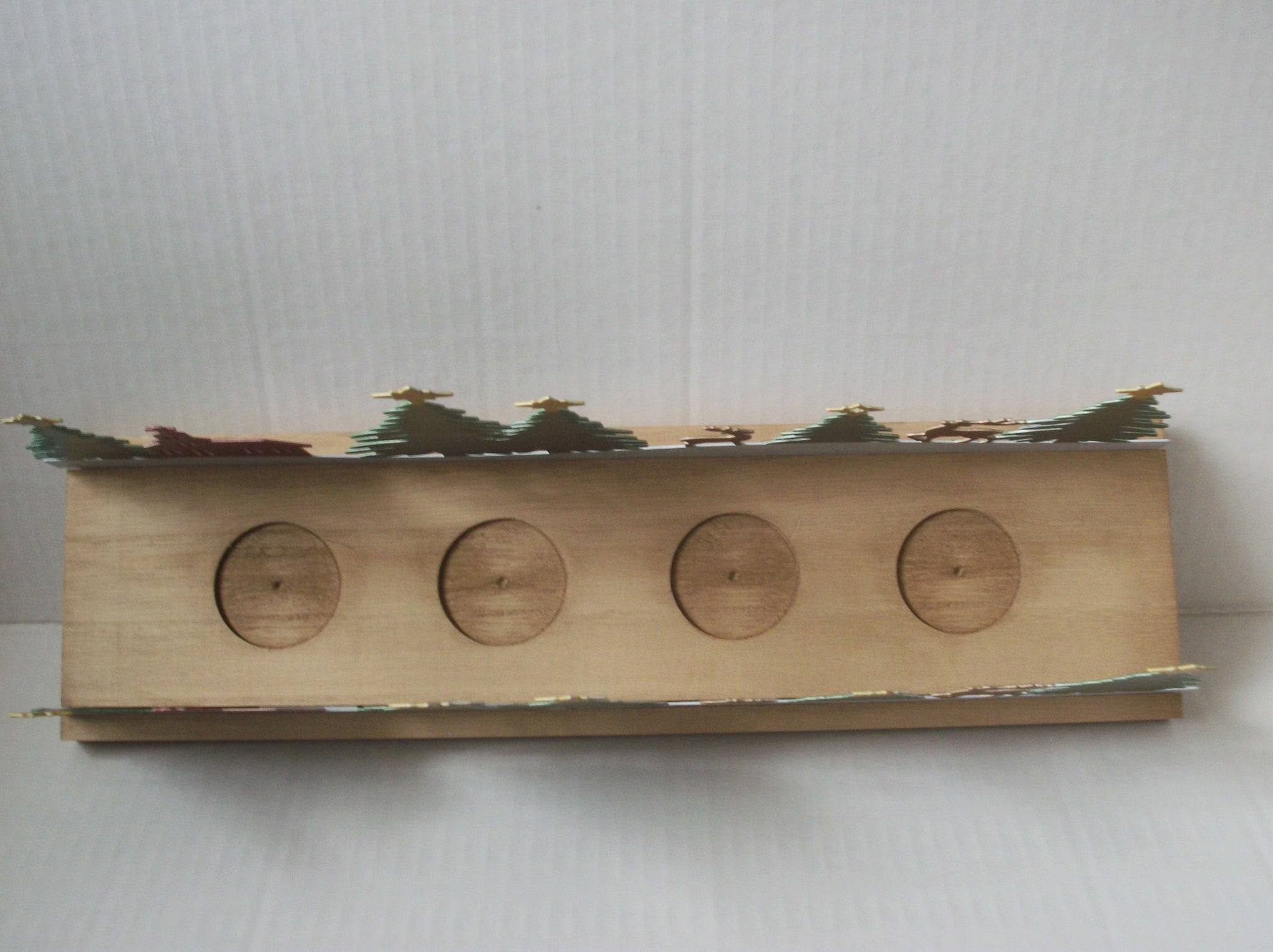 Vintage 14" Table Christmas Center Piece Reindeer House Pine Tree Wood Metal Candle Holder C200