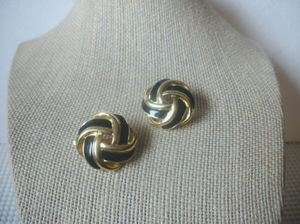 Signed TRIFARI Black Enameled Gold Tone Clip On, Vintage Earrings 022521