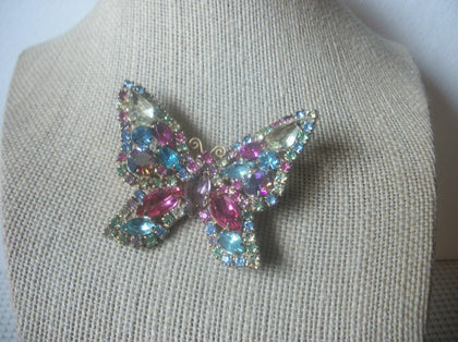 Vintage Jewelry, Signed WEISS, Colorful Crystals, Prong Set Butterfly Gold Tone Brooch Pin 61620
