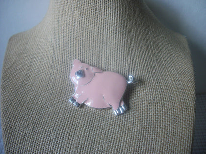 Vintage Brooch Pin Signed TC Adorable Happy Pink Pig Enameled Silver Tone 121516