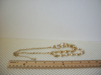 Signed M Vintage 20" - 22" Necklace Gold Tone Bezel Set Clear Glass Faux Pearls 51016 Gift For Her Wife
