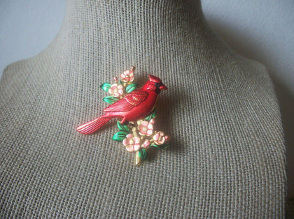 Vintage Brooch Pin, Signed JJ, Johnette Company ,Enameled Cardinal, Bird Flowers, Gold Tone, 022021