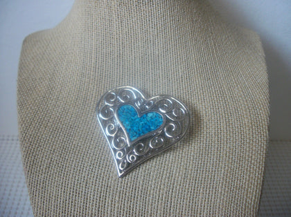 Vintage Brooch Pin, Gorgeous Signed TRIFARI Big Heart Blue Scroll Work Silver Tone Metal 91817