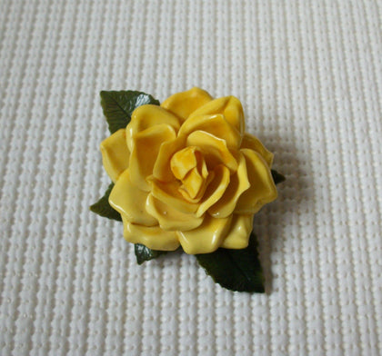 Romantic Larger Thick Vintage Yellow Rose Cellulose Green Long Stem Brooch Pin 030521