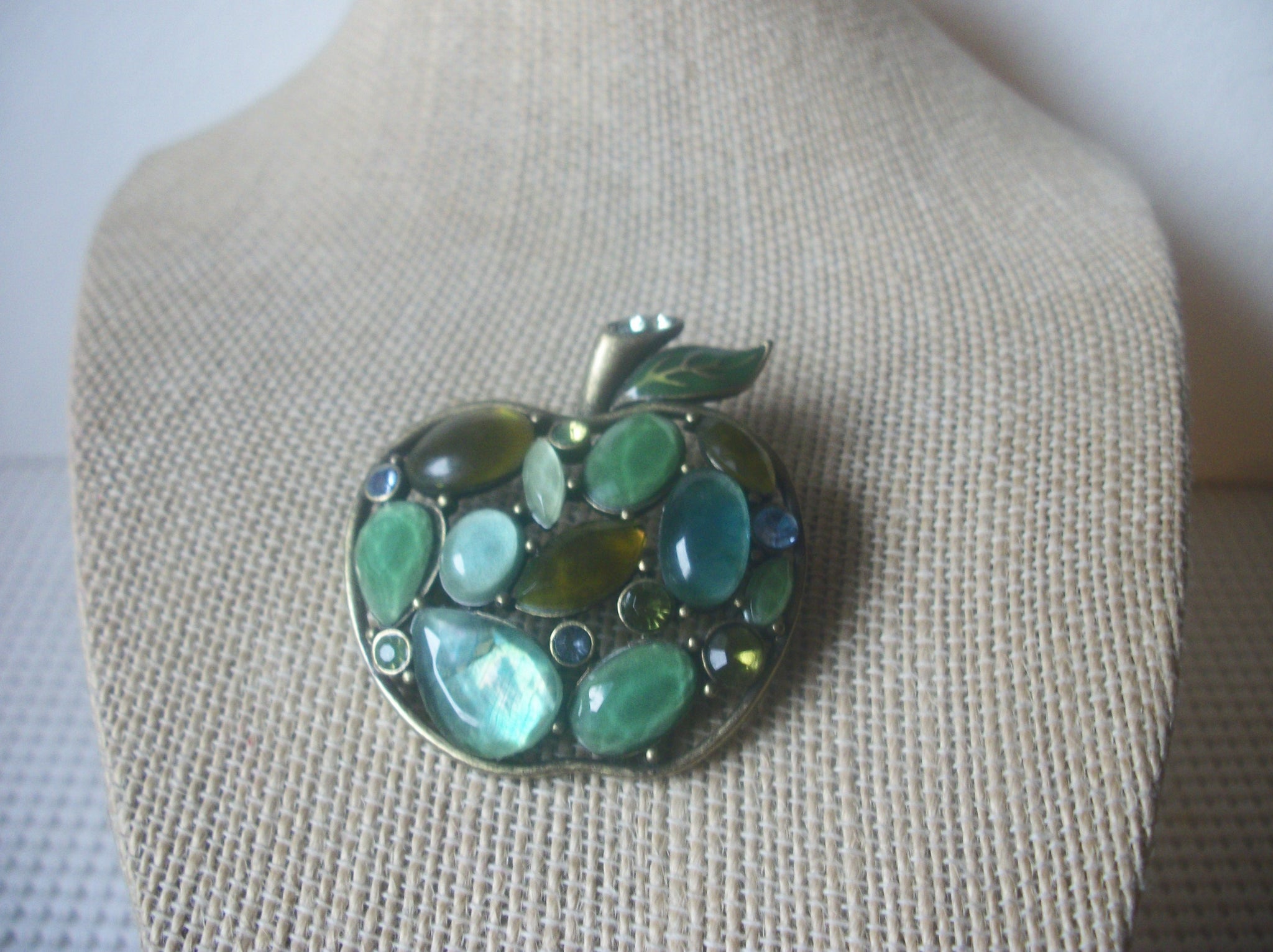 Signed LC Liz Claiborne, Antiqued Gold Tone Apple Green Blue Glass, Mid Century Ornate Brooch Pin, Vintage 022321