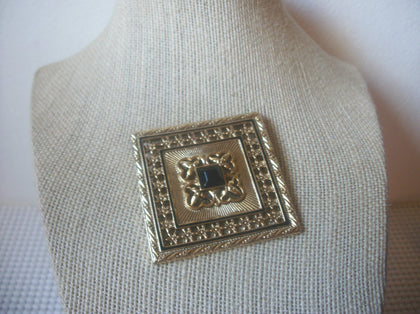 Larger, Spanish Damasque, Gold Tone, Square Black Faux Stone, Vintage Brooch Pin 60218
