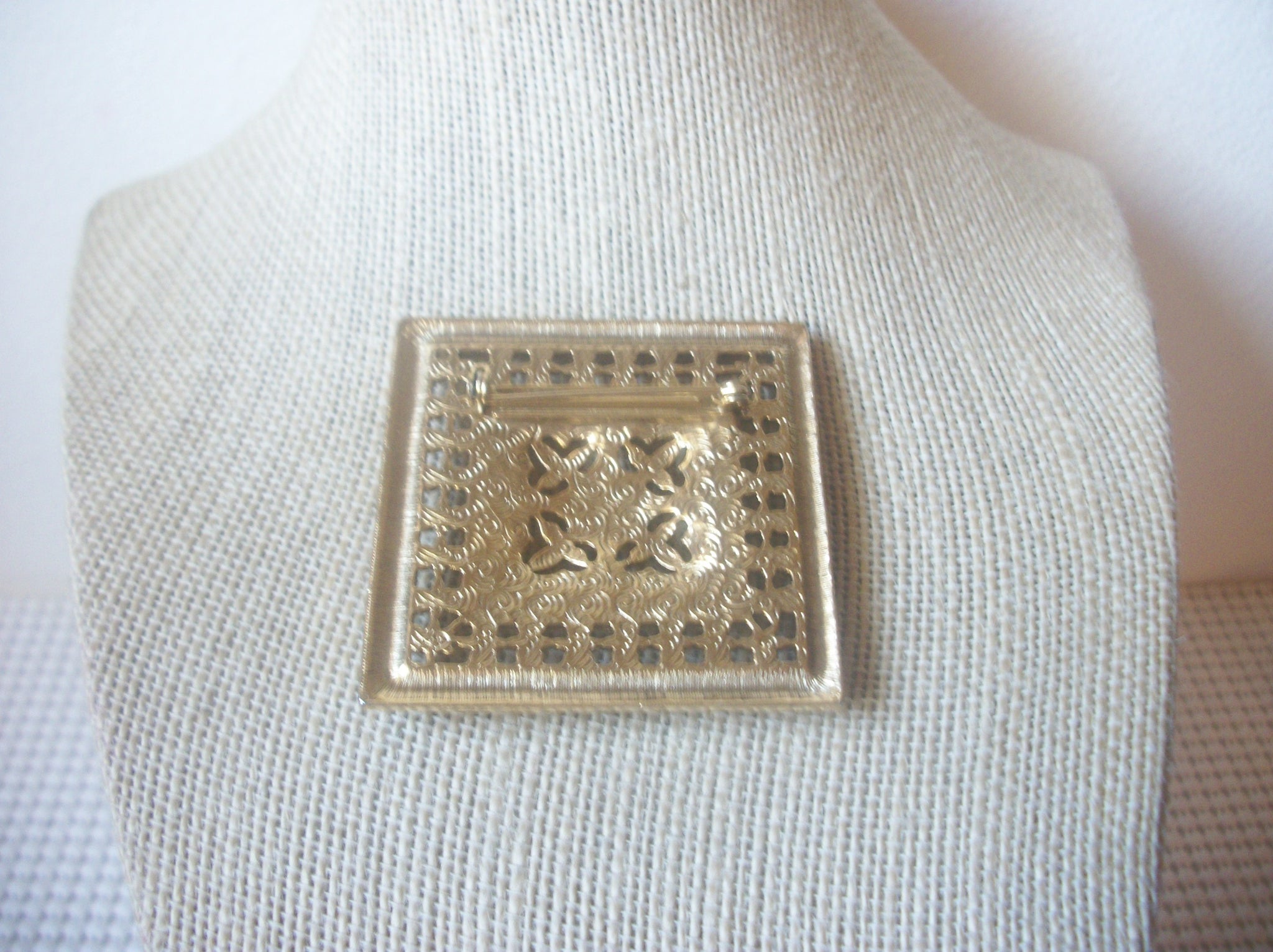 Larger, Spanish Damasque, Gold Tone, Square Black Faux Stone, Vintage Brooch Pin 60218