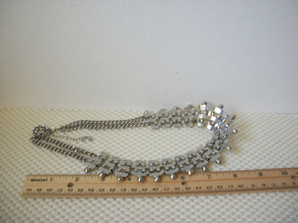 BOLD Vintage 18" - 20 1/2" Necklace Silver Toned White Collar Metal Link Clear Chaton Rhinestones 51016