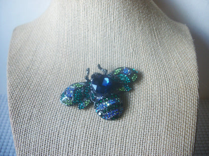 Vintage Brooch Pin Exquisite Bumble Bee Sparkling Blue Green Rhinestones, Silver Tone, 023021