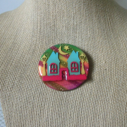 Vintage Lucinda House Pins, Colorful Twin House Lantern Moon Rainbow Sky 61318