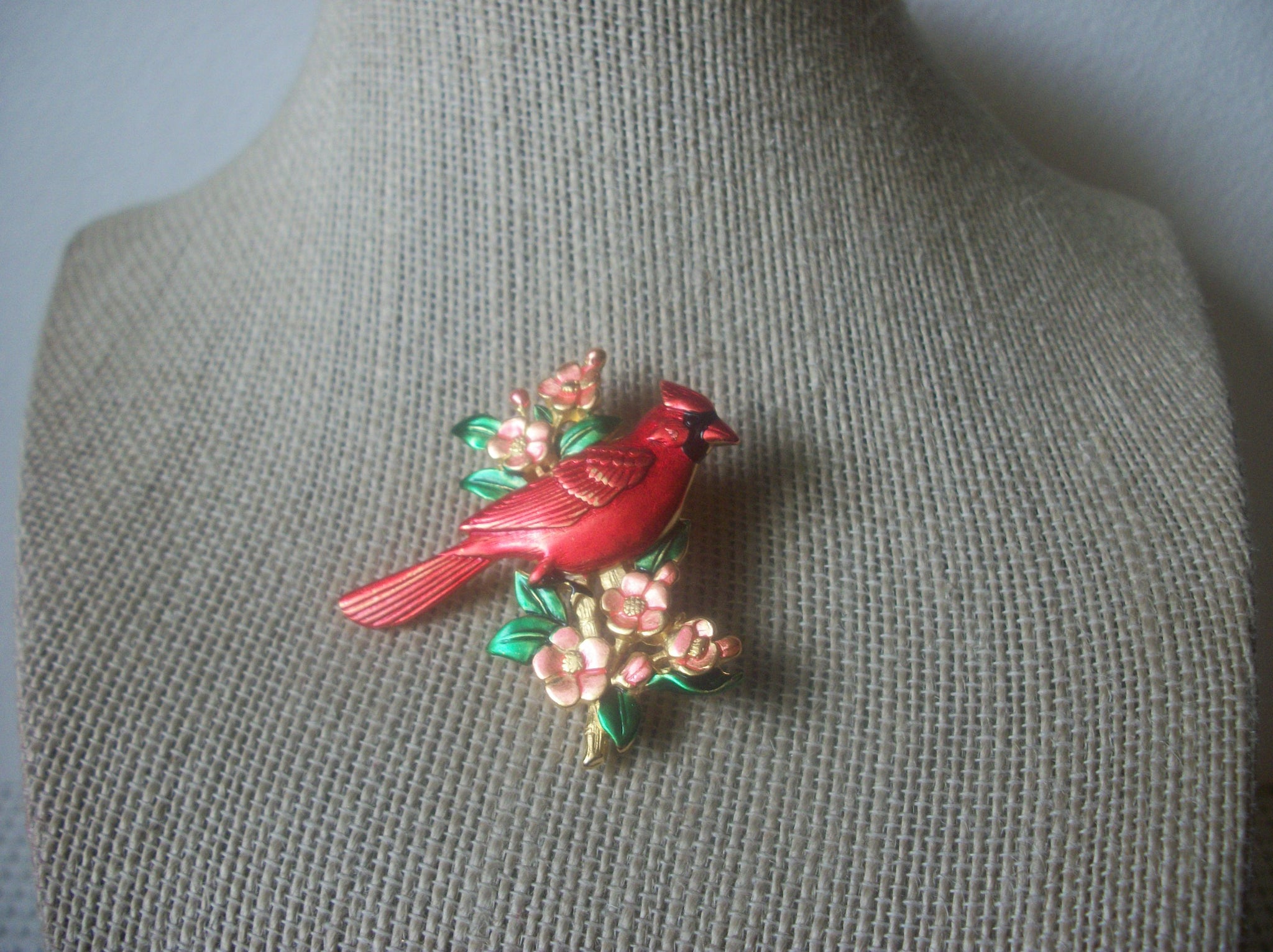 Vintage Brooch Pin, Signed JJ, Johnette Company ,Enameled Cardinal, Bird Flowers, Gold Tone, 022021