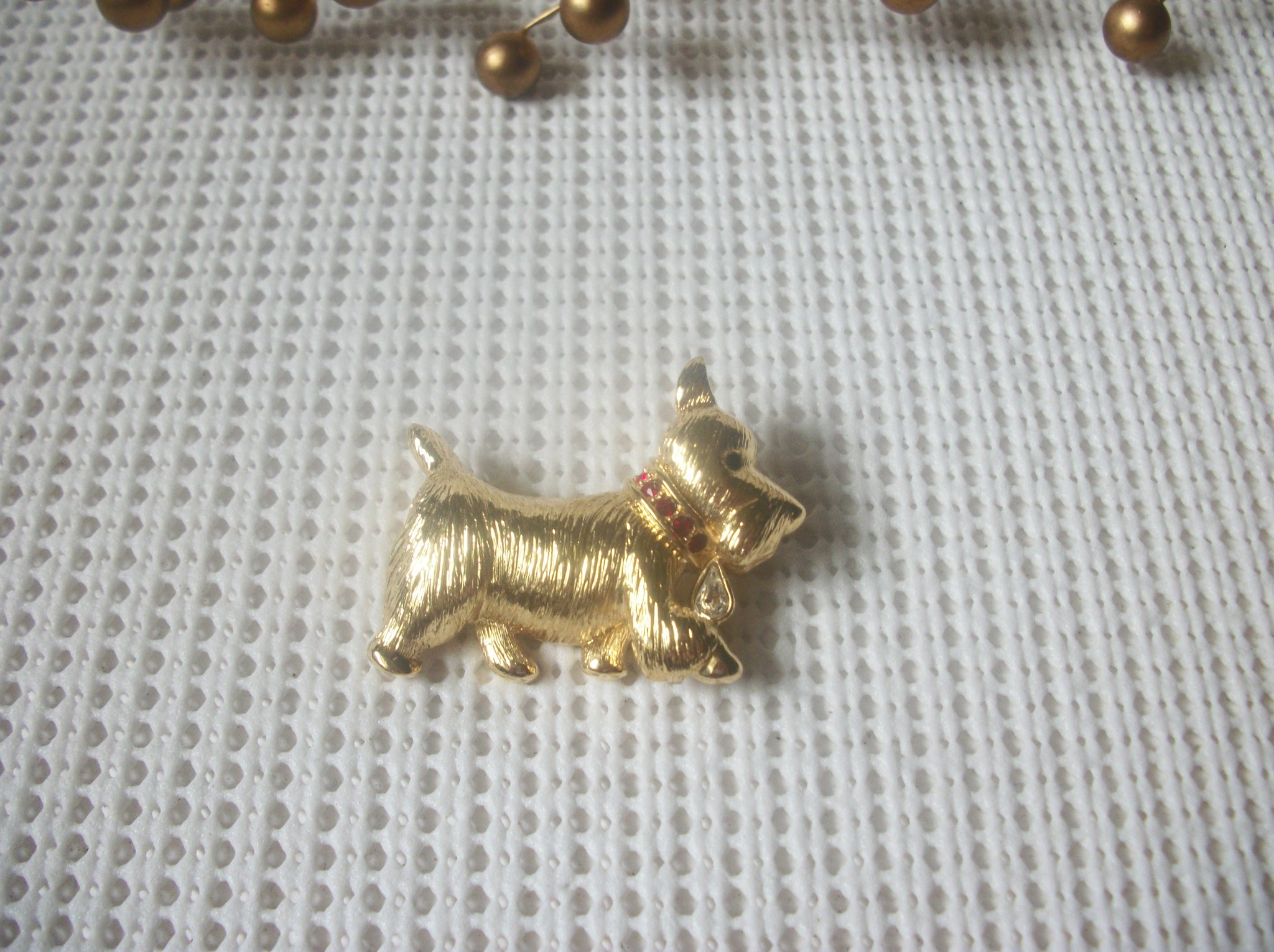 Vintage Brooch Pin, Signed NAPIER Dog Red Green Crystals Schnauzer, Gold Tone 82317