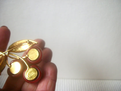 Larger Vintage Signed JOAN RIVERS Dark Red Cherries Clear Crystals Gold Tone Brooch Pin 030521