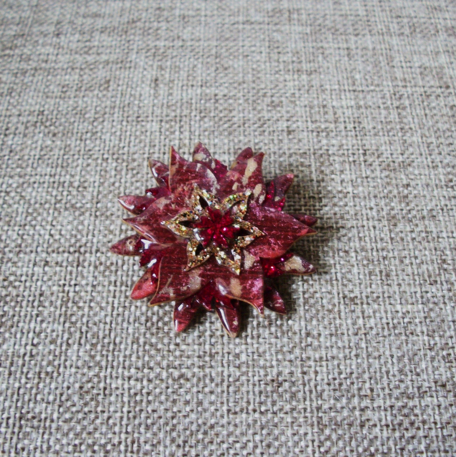 Vintage Lucinda Pins Festive Poinsettia Cranberry Red Glitter 021321