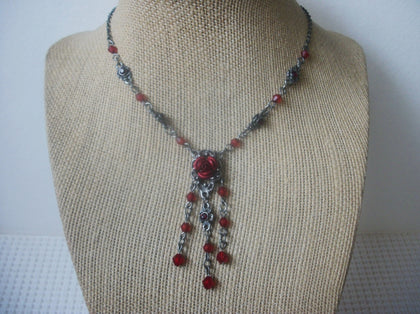 Beautiful Vintage 16" - 19" Necklace Red Roses Victorian Glass Rhinestones, Silver Tone 72517
