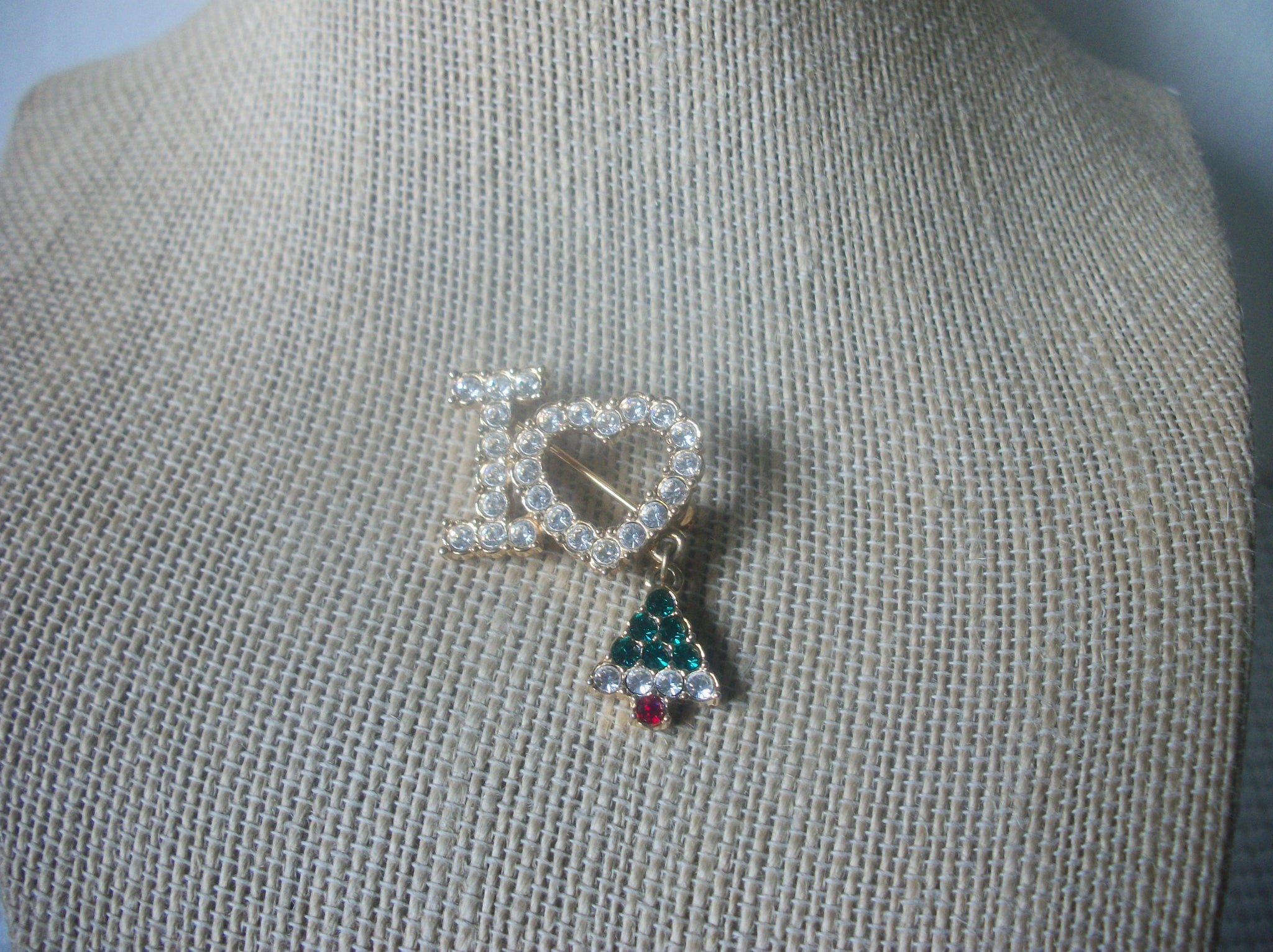 Smaller Vintage Brooch Pin, I Love Christmas Beautiful Clear Green Red Rhinestones, Gold Tone 121516