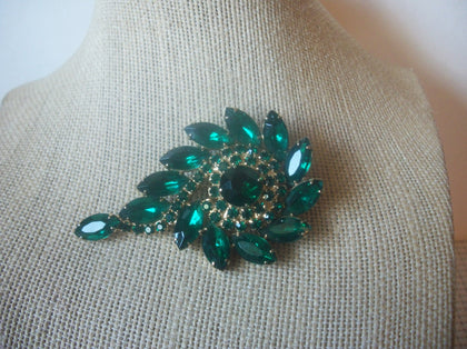 Larger Vintage Brooch Pin, Emerald Crystal Rhinestones Floral Elegant Gold Tone,  023021