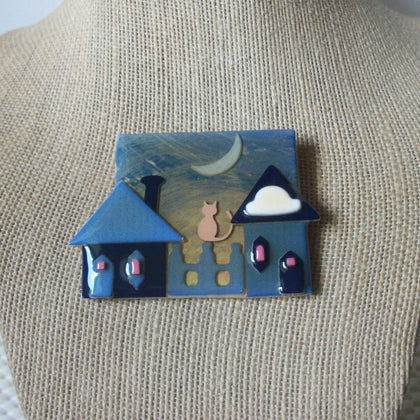 Vintage Lucinda House Pins, Highly Detailed Romantic Night Sleepy Moon Cute Cat 61318