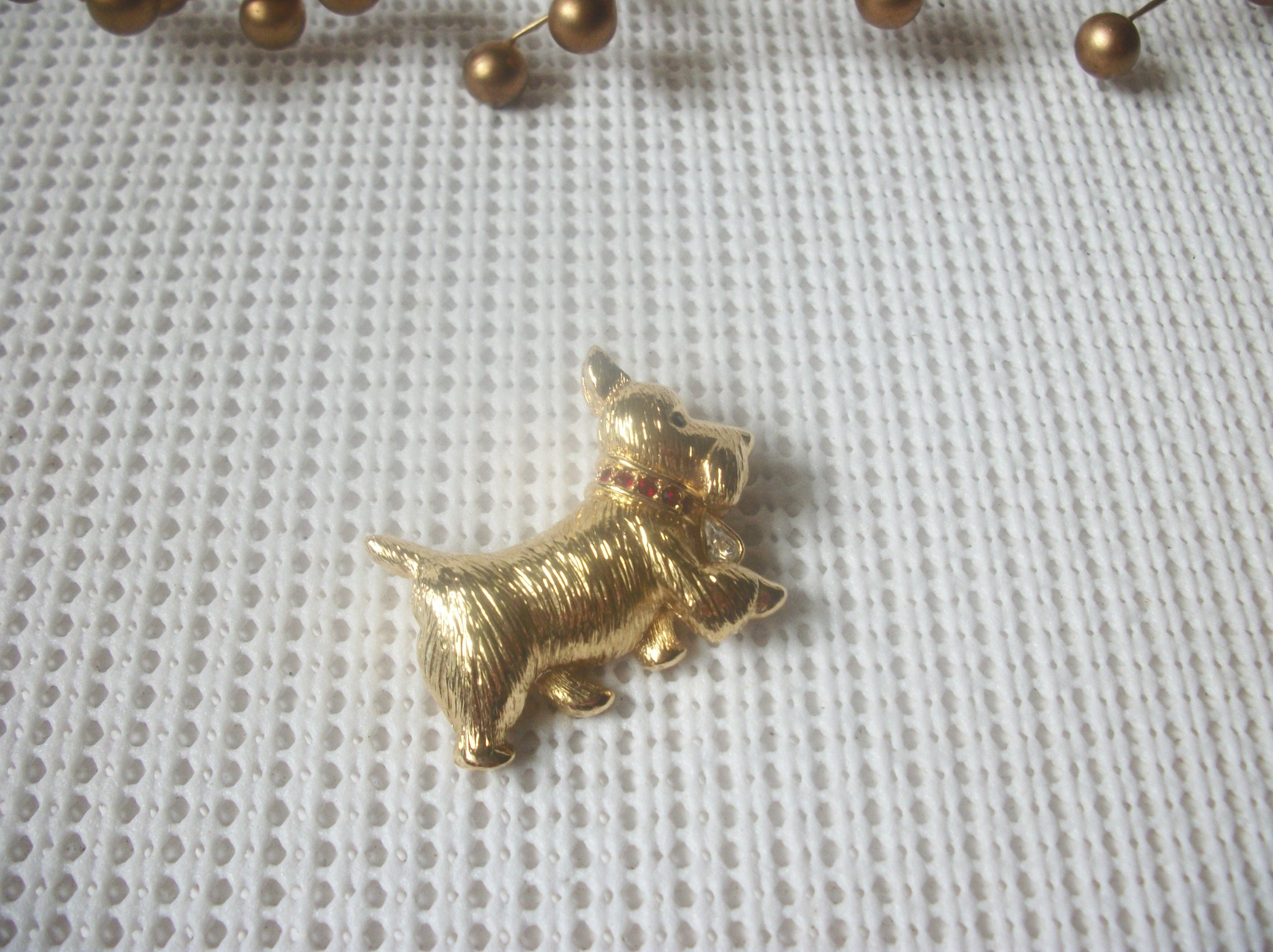 Vintage Brooch Pin, Signed NAPIER Dog Red Green Crystals Schnauzer, Gold Tone 82317