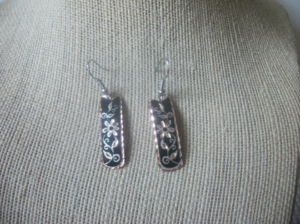 Vintage Copper Toned Black Etched Flower 2" long Earrings 8216