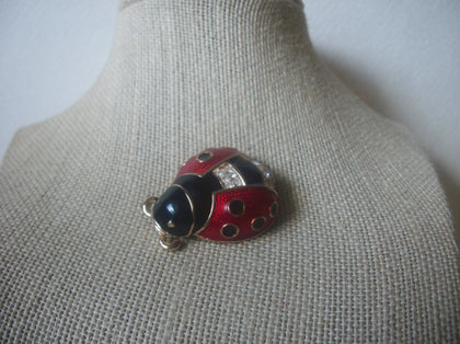 Vintage Brooch Pin, Ladybug, Red Black, Clear Rhinestones, Enameled, Gold Tone, 72517