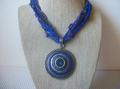 Vintage Jewelry, Signed CHICO`s, Colorful Cobalt Blue, Lilac, Southwestern Pendant Rhinestones, Silver Tone, Necklace 53018