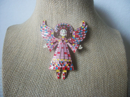 Larger Vintage Brooch Pin, Victorian Inspired Angel Wings Festive Holiday Season Enameled, Gold Tone 10617