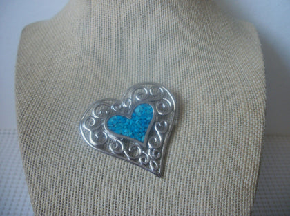Vintage Brooch Pin, Gorgeous Signed TRIFARI Big Heart Blue Scroll Work Silver Tone Metal 91817