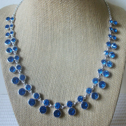 Beautiful Vintage 20" Necklace Signed M Bezel Set Blue Crystal Glass Silver Tone Bib Style 41518