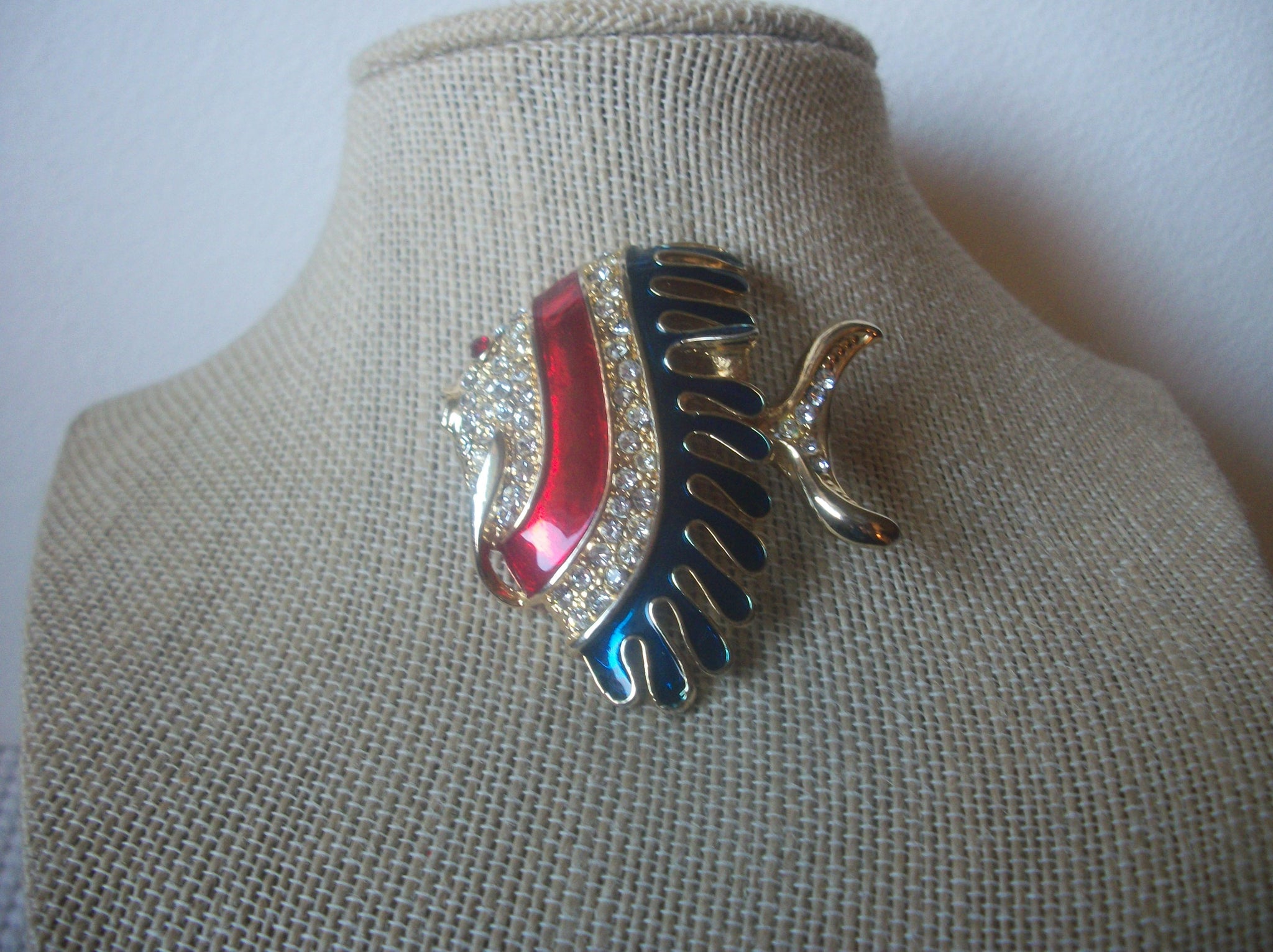 Larger Heavier, Angel Fish Tropical Clear Rhinestones, Enameled Blue Red  Vintage Brooch Pin  022121