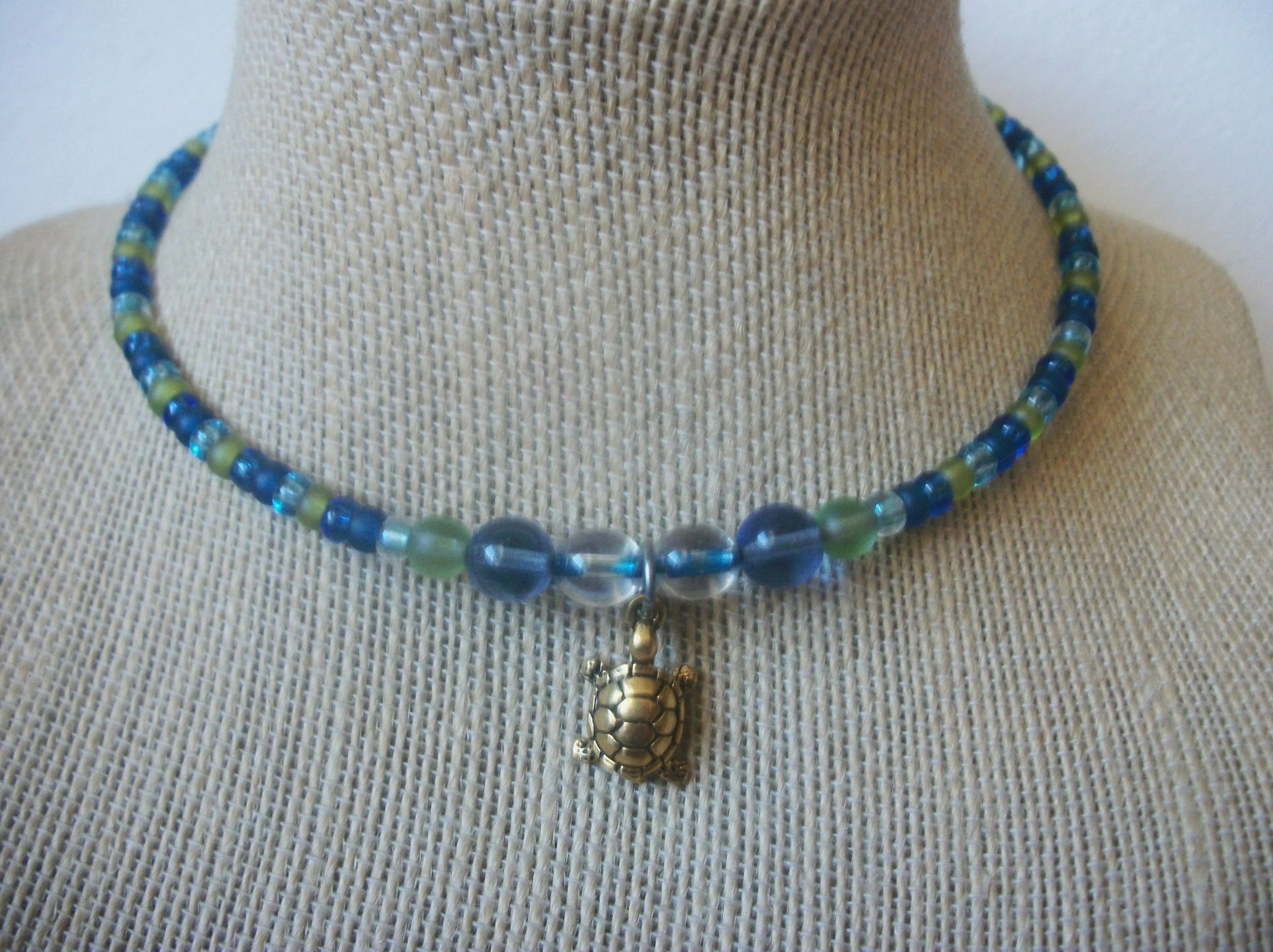 Vintage Choker Necklace Adjustable Blue Green Murano Glass Gold Tone Turtle Charm 40820