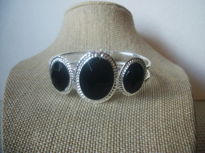 Retro Silver Tone Black Bangle Bracelet 022221